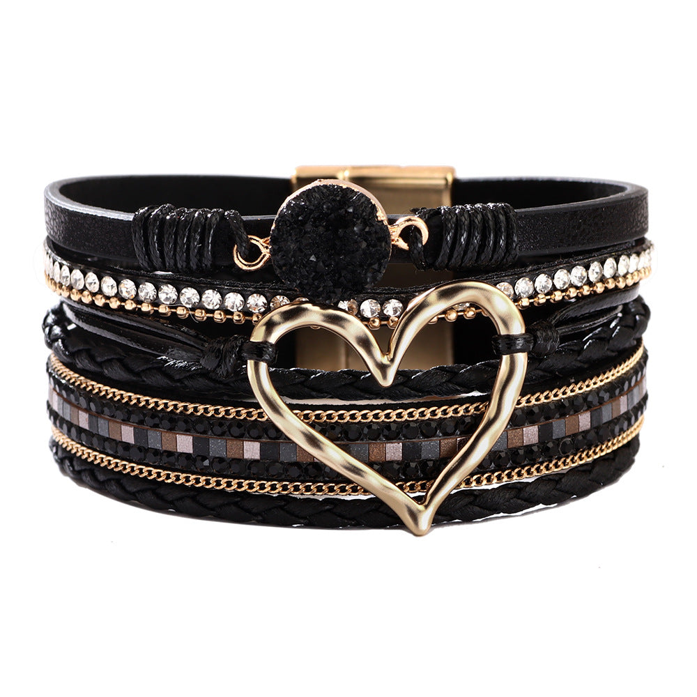 Wholesale Bohemian Heart Rhinestone Magnetic Leather Bracelet